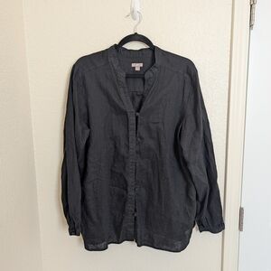 J Jill Black Linen Blouse Women's Size Large Long Sleeve Laggen Look Art To Wear